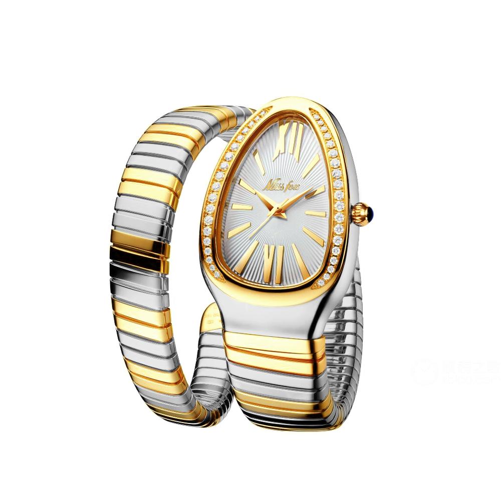MISSFOX 1221 Women's Watches Snake Shape Luxury Wrist Watch For Women Steel Unique Gold Quartz Ladies Watch Clock Relogio Feminino B-1221-GSW