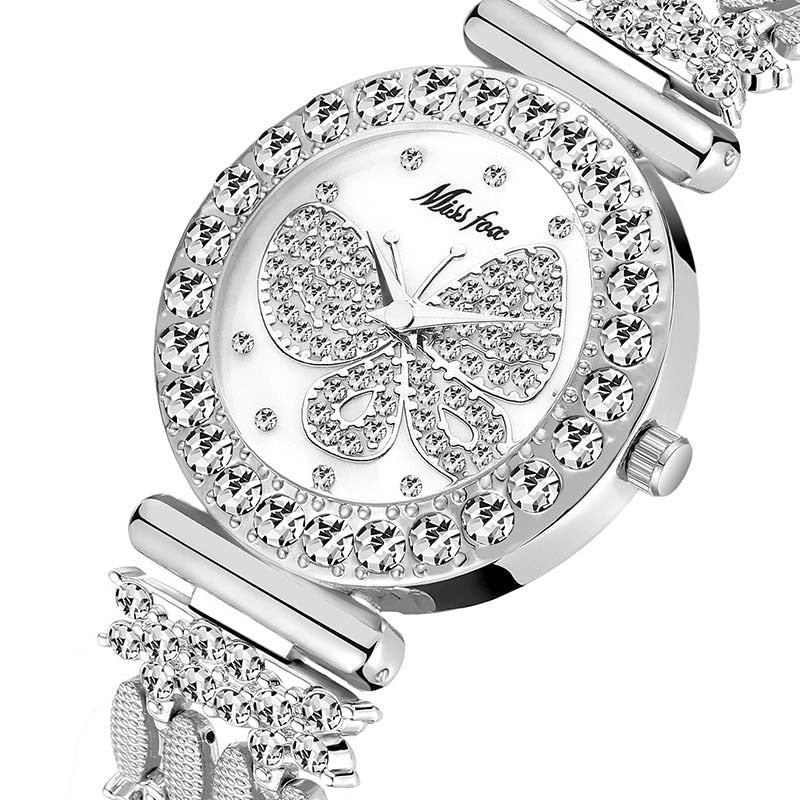 MISSFOX 2030 Butterfly Women Watches Luxury Brand Big Diamond 18K Gold Watch Waterproof Special Bracelet Expensive Ladies Wrist Watch 2030-SS