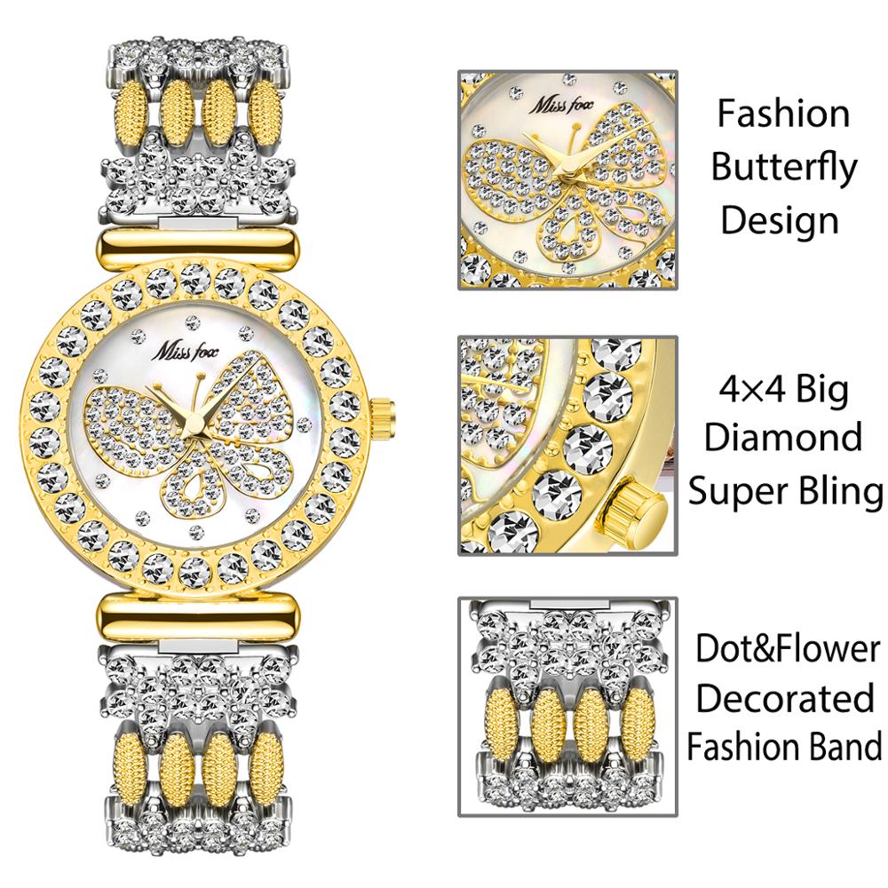MISSFOX 2030 Butterfly Women Watches Luxury Brand Big Diamond 18K Gold Watch Waterproof Special Bracelet Expensive Ladies Wrist Watch