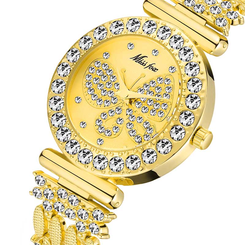 MISSFOX 2030 Butterfly Women Watches Luxury Brand Big Diamond 18K Gold Watch Waterproof Special Bracelet Expensive Ladies Wrist Watch 2030-GG