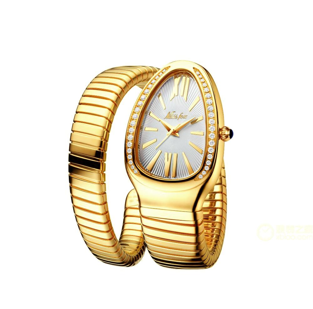 MISSFOX 1221 Women's Watches Snake Shape Luxury Wrist Watch For Women Steel Unique Gold Quartz Ladies Watch Clock Relogio Feminino B-1221-GW