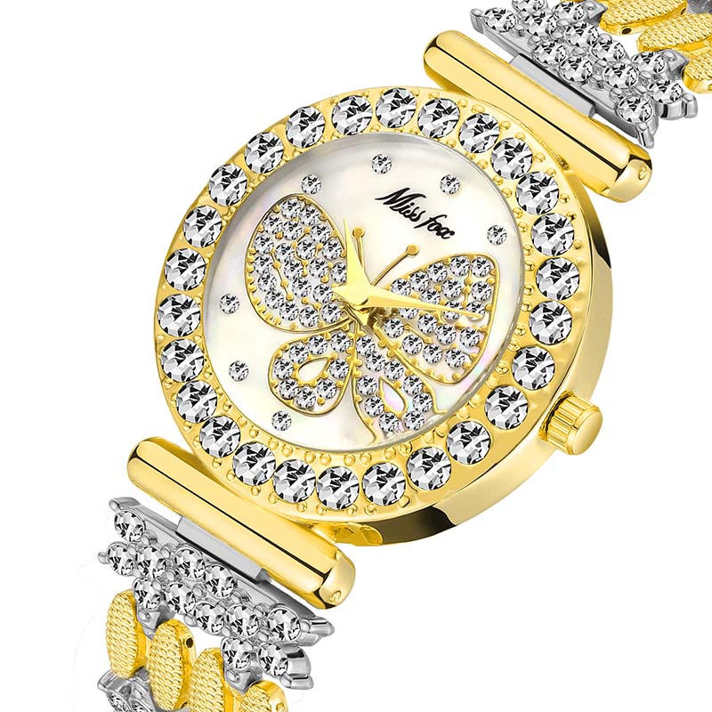 MISSFOX 2030 Butterfly Women Watches Luxury Brand Big Diamond 18K Gold Watch Waterproof Special Bracelet Expensive Ladies Wrist Watch 2030-GS