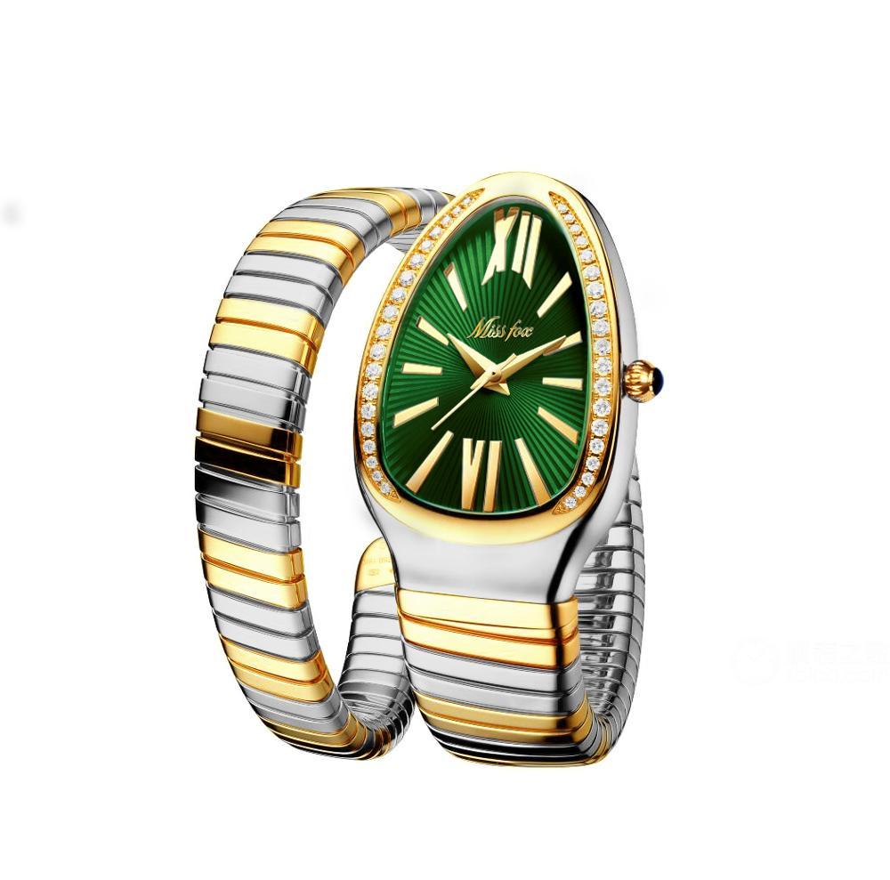 MISSFOX 1221 Women's Watches Snake Shape Luxury Wrist Watch For Women Steel Unique Gold Quartz Ladies Watch Clock Relogio Feminino B-1221-GSGr