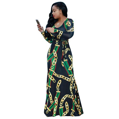 African Dashiki Long Sleeve Digital Print Maxi Dress green