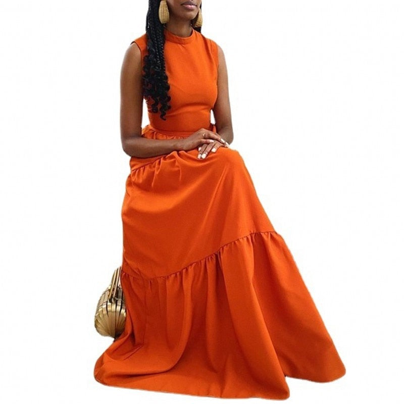 African Ruffle Maxi O Neck Sleeveless High Waist Solid Elegant Chic Dress