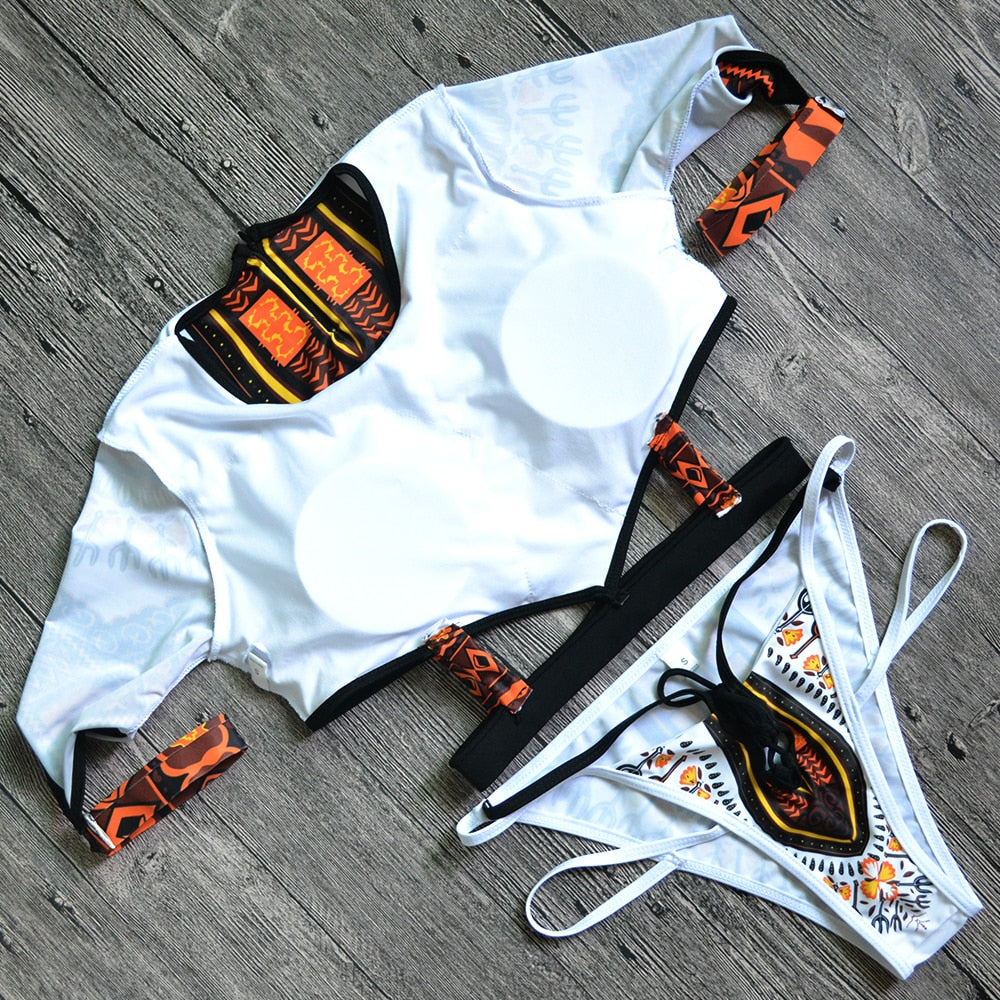 African Short Sleeve Swimsuit Dashiki Print Bikini Set Thong Swimwear