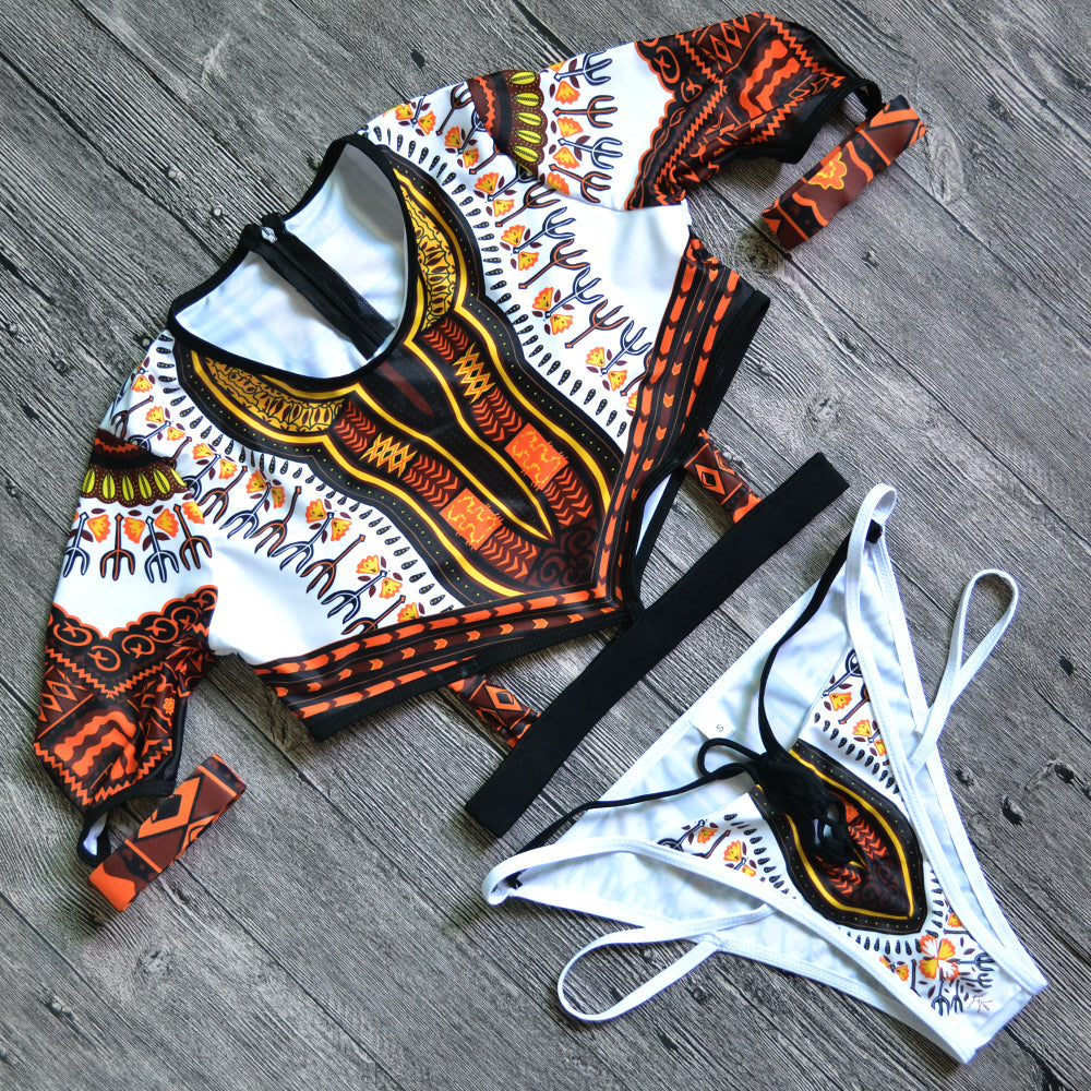 African Short Sleeve Dashiki Print Set Swimwear