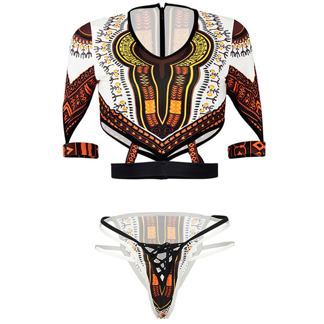 African Short Sleeve Swimsuit Dashiki Print Bikini Set Thong Swimwear B291White