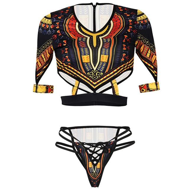 African Short Sleeve Swimsuit Dashiki Print Bikini Set Thong Swimwear B291Black