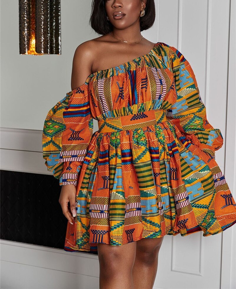 African Shoulder Off Mini Dashiki Tribal Print Dress