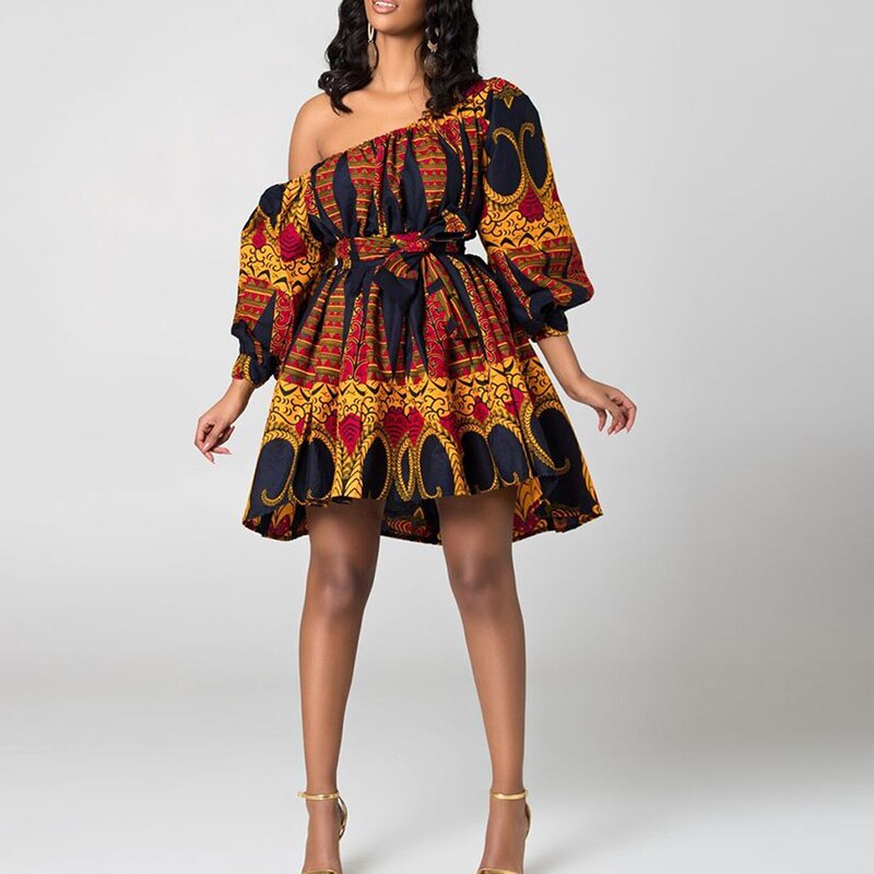 African Shoulder Off Mini Dashiki Tribal Print Dress 80239004