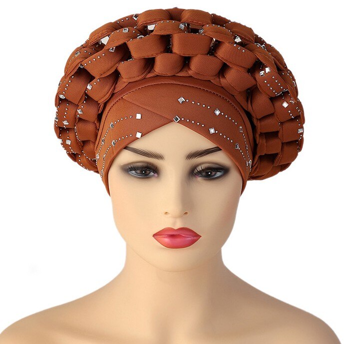 African Turbans Caps Nigerian Auto Gele Headtie With Diamond Headwear Auburn One Size