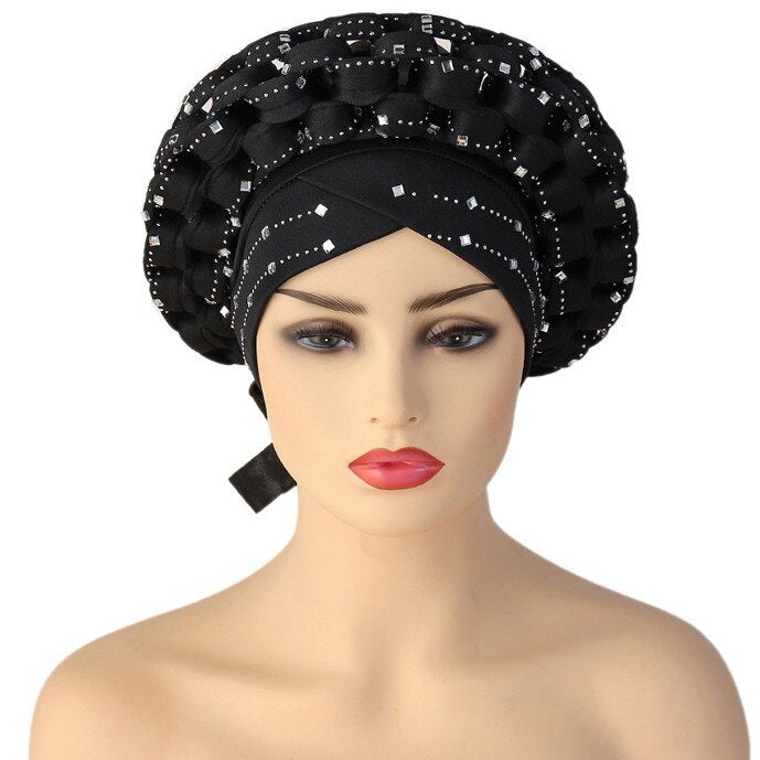 African Turbans Caps Nigerian Auto Gele Headtie With Diamond Headwear black One Size
