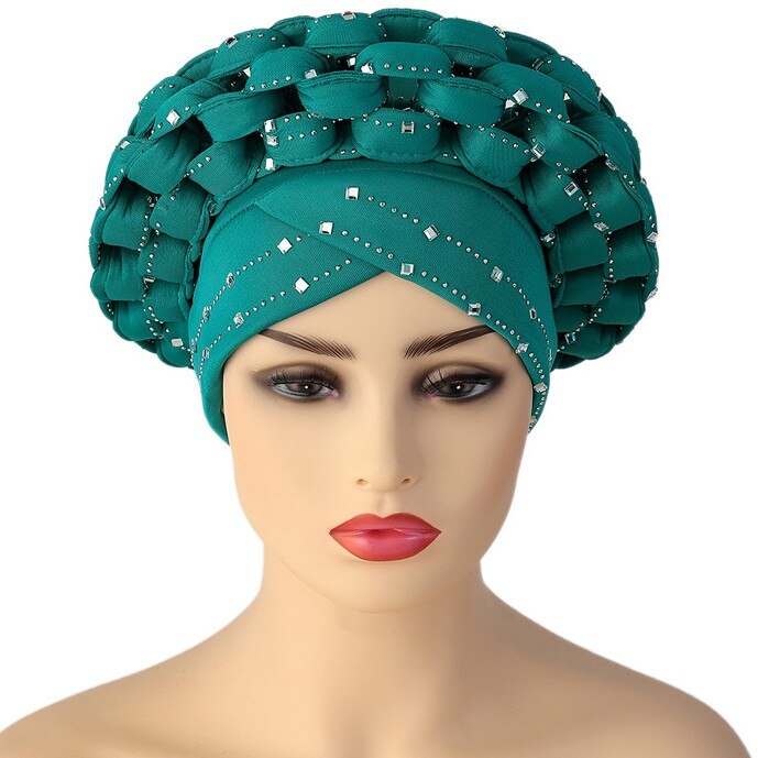 African Turbans Caps Nigerian Auto Gele Headtie With Diamond Headwear Light Blue One Size