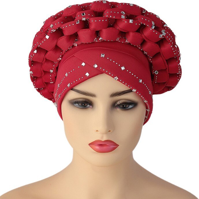 African Turbans Caps Nigerian Auto Gele Headtie With Diamond Headwear Red One Size