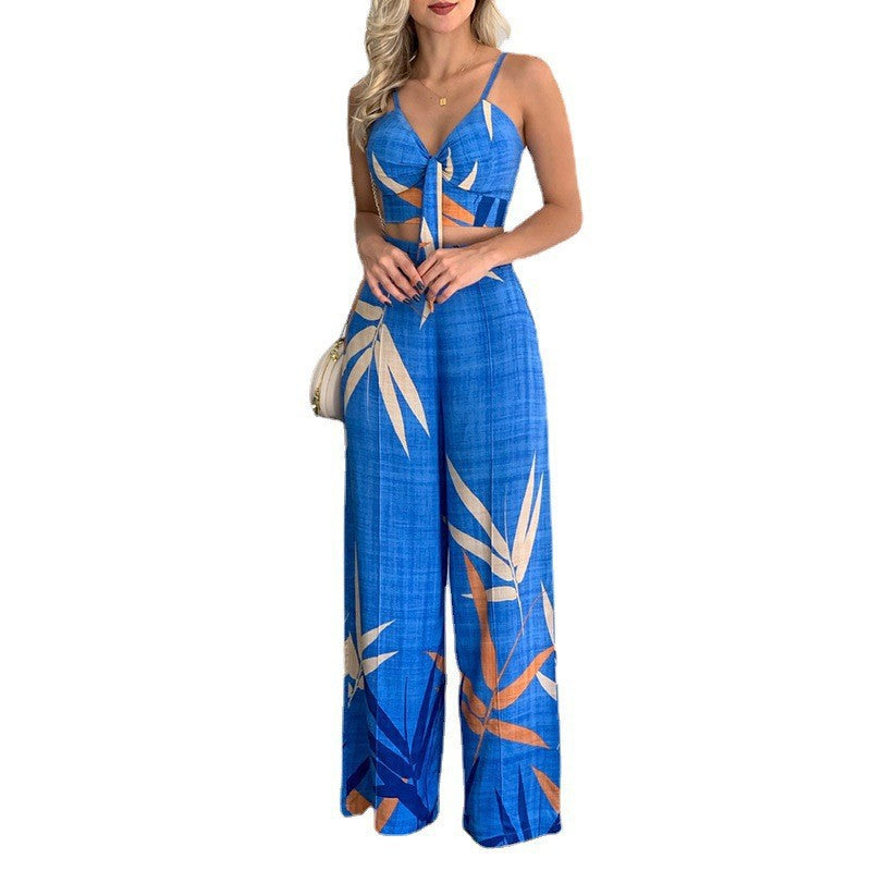 American Cross Border Fashion Casual Summer Wide Leg Outfit Blue
