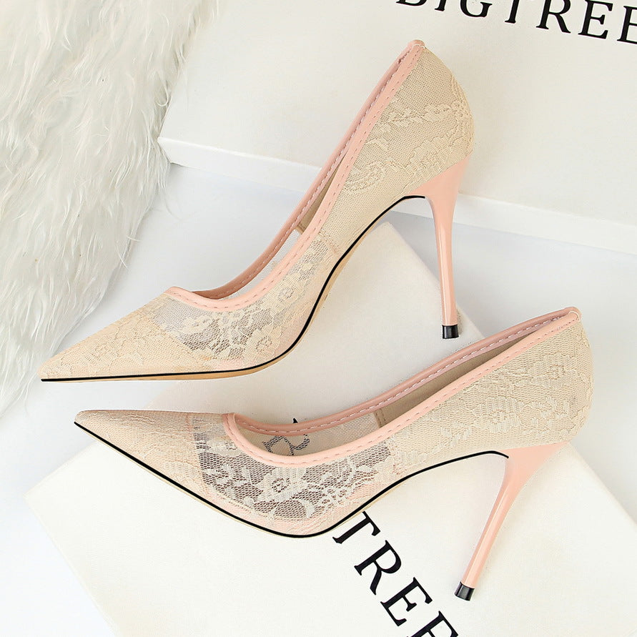 And Thin High heeled Shoes Shoes Stiletto High heeled Shallow Mouth Pointed Mesh Hollow Lace Shoes Pink