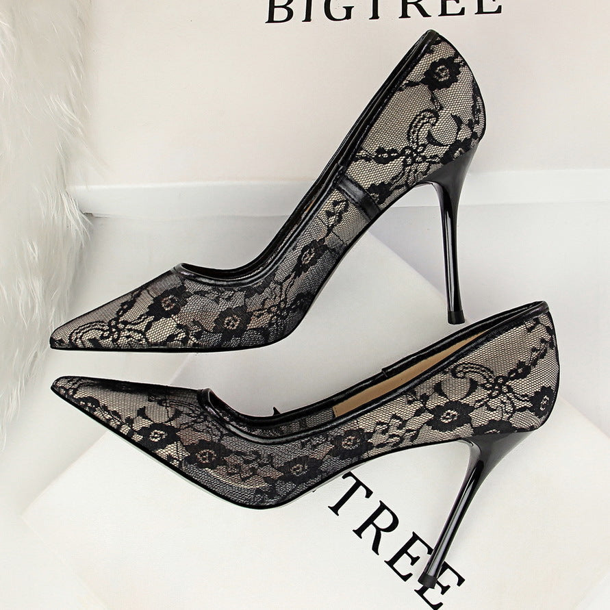 And Thin High heeled Shoes Shoes Stiletto High heeled Shallow Mouth Pointed Mesh Hollow Lace Shoes Black