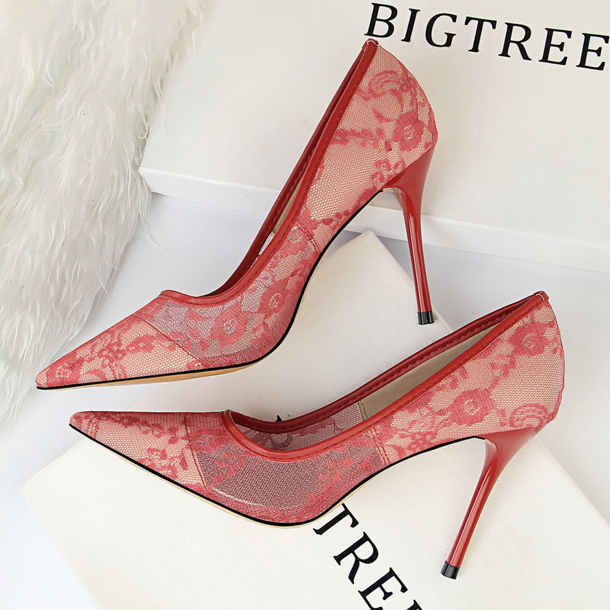 And Thin High heeled Shoes Shoes Stiletto High heeled Shallow Mouth Pointed Mesh Hollow Lace Shoes Red
