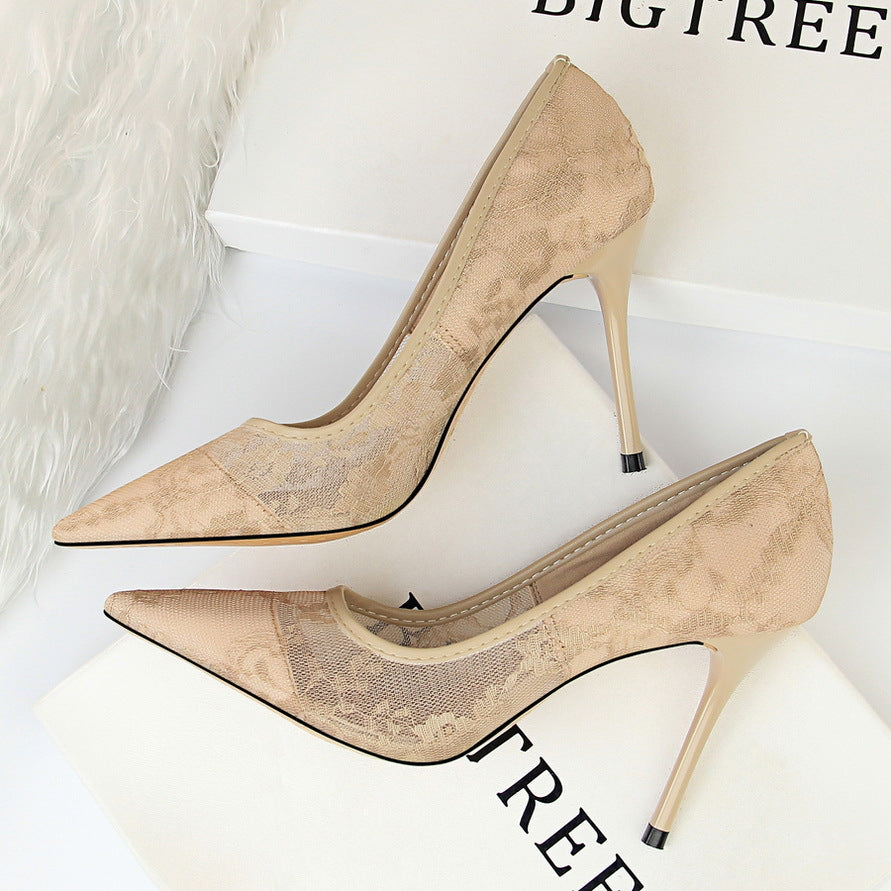 And Thin High heeled Shoes Shoes Stiletto High heeled Shallow Mouth Pointed Mesh Hollow Lace Shoes Khaki