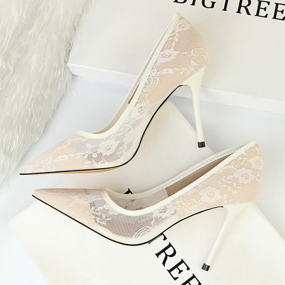 And Thin High heeled Shoes Shoes Stiletto High heeled Shallow Mouth Pointed Mesh Hollow Lace Shoes White