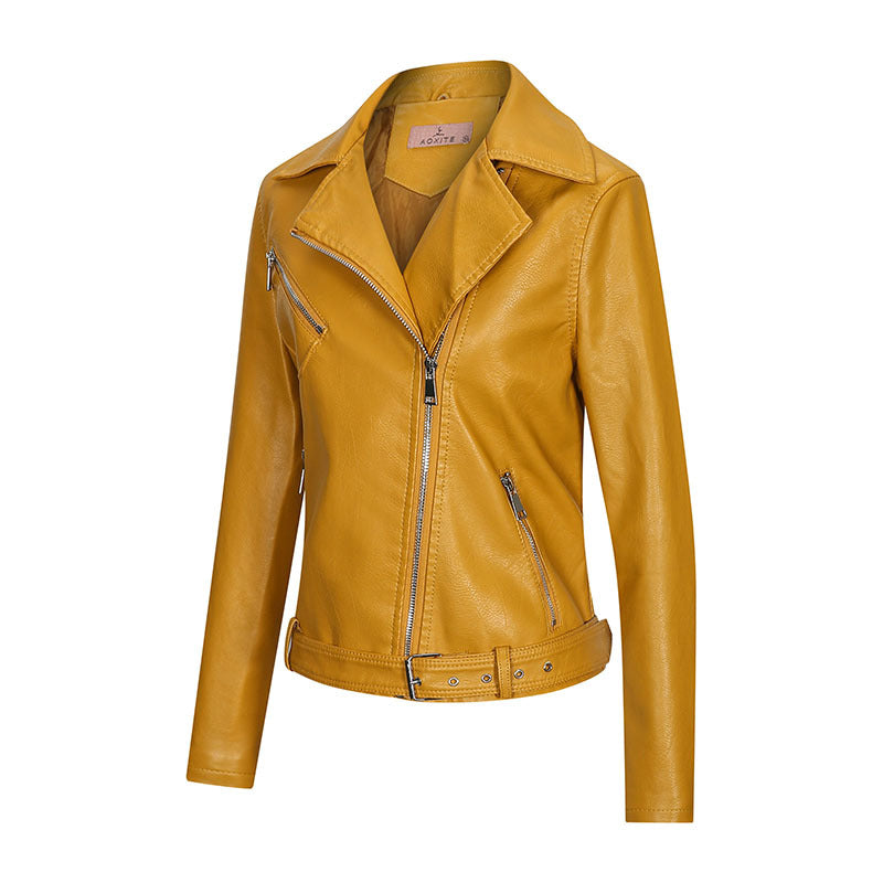 Beauty Zipper Lapel Leather Jacket Yellow
