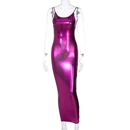 Bodycon Shiny Solid Color Sleeveless Long Sundress rose red