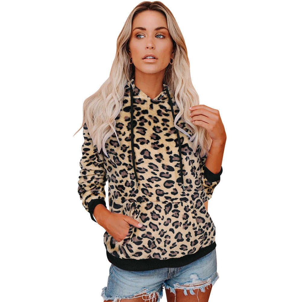 Casual Plaid Long Sleeved Top Hooded Sweater Leopard