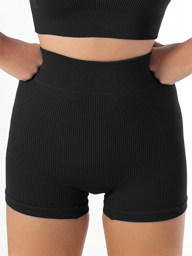 Chrleisure Screw Thread Sport Set Long Sleeve Crop Top Tracksuit Black-shorts