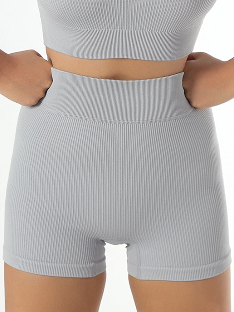Chrleisure Screw Thread Sport Set Long Sleeve Crop Top Tracksuit Grey-shorts