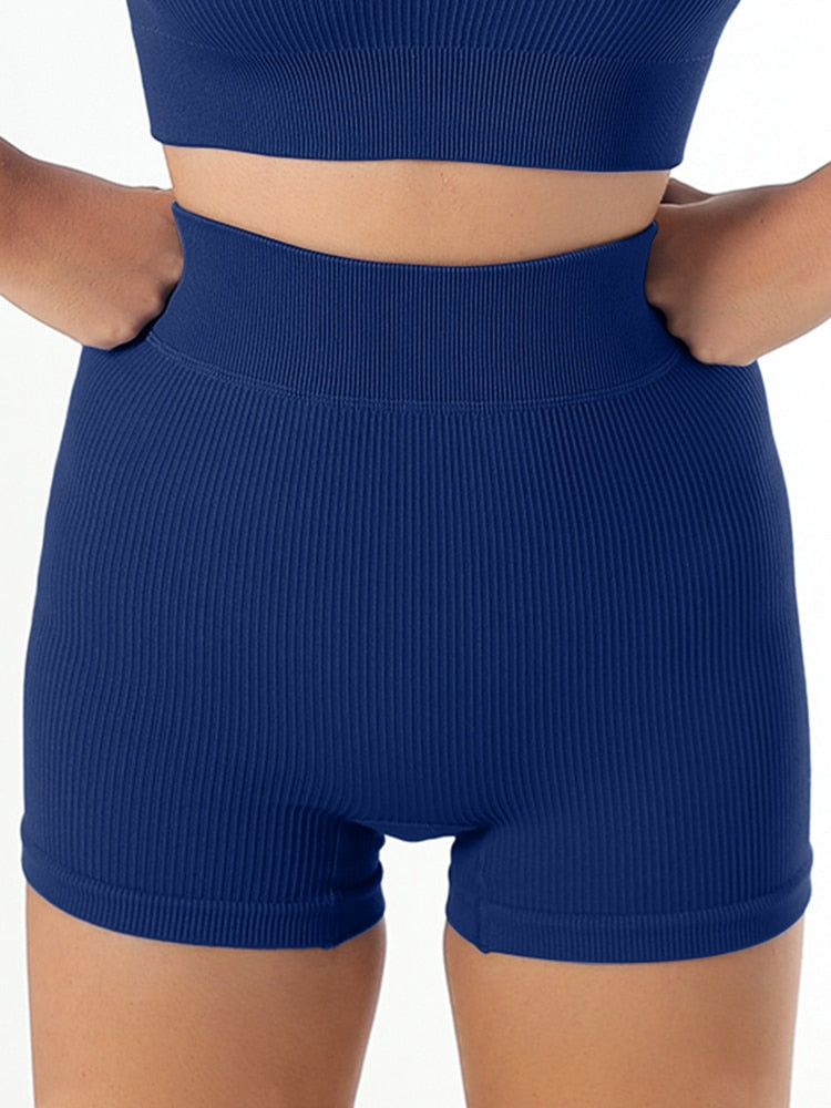 Chrleisure Screw Thread Sport Set Long Sleeve Crop Top Tracksuit Deep Blue-shorts