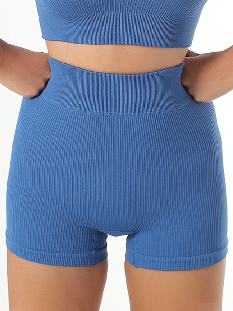 Chrleisure Screw Thread Sport Set Long Sleeve Crop Top Tracksuit Blue-shorts