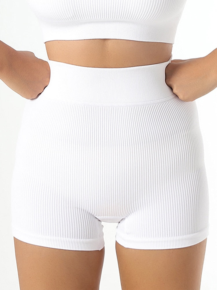 Chrleisure Screw Thread Sport Set Long Sleeve Crop Top Tracksuit White-shorts