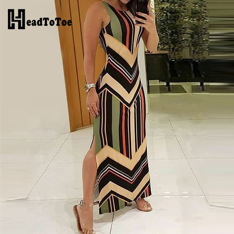 Colorful Striped Print Side Slit Maxi Colorblock Sleeveless Long Dress