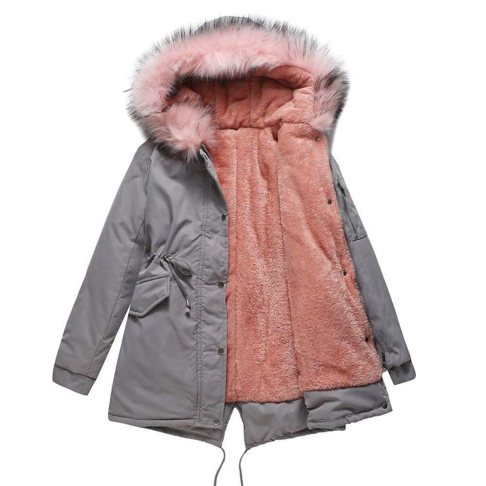 Cotton Mid Length Hooded Winter Warm Fleece Coat Gray pink