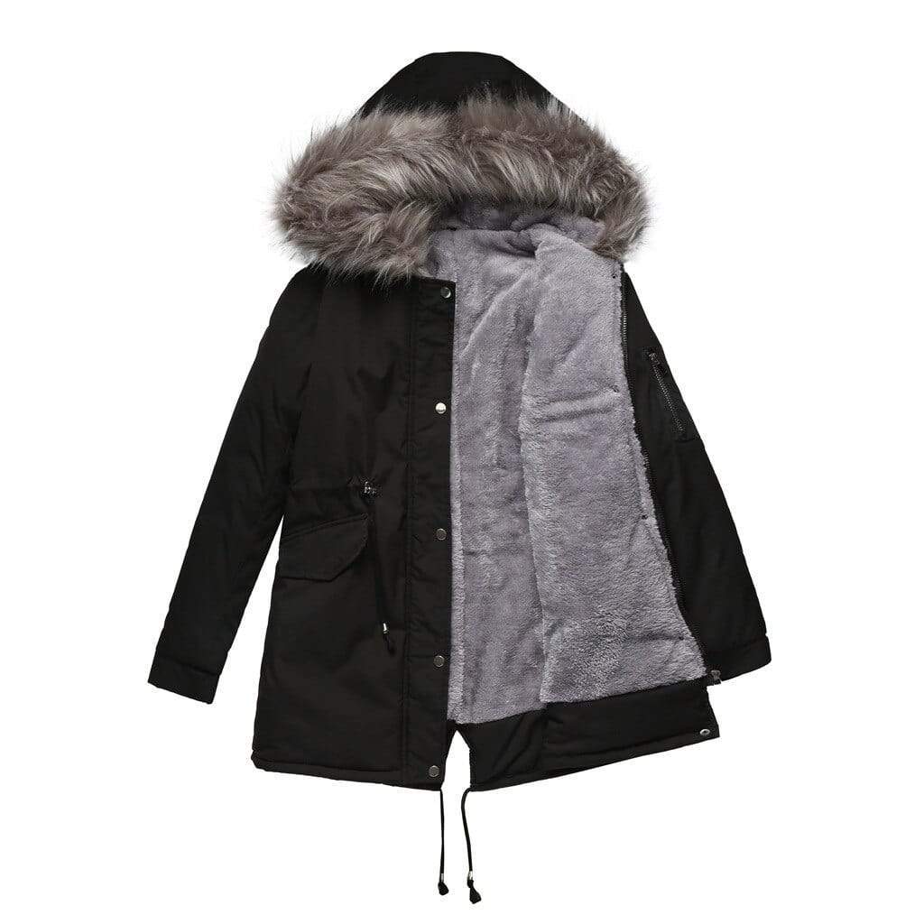Cotton Mid Length Hooded Winter Warm Fleece Coat Black