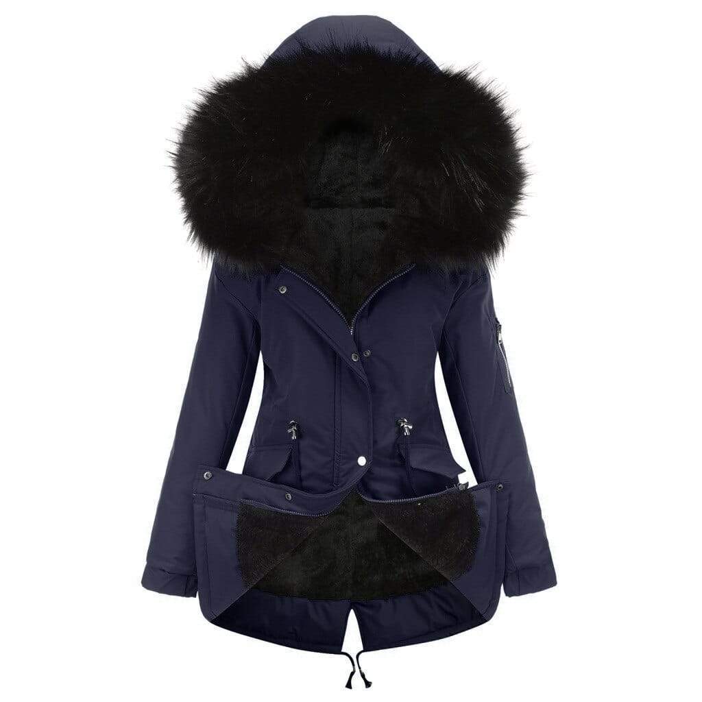 Cotton Mid Length Hooded Winter Warm Fleece Coat Navy
