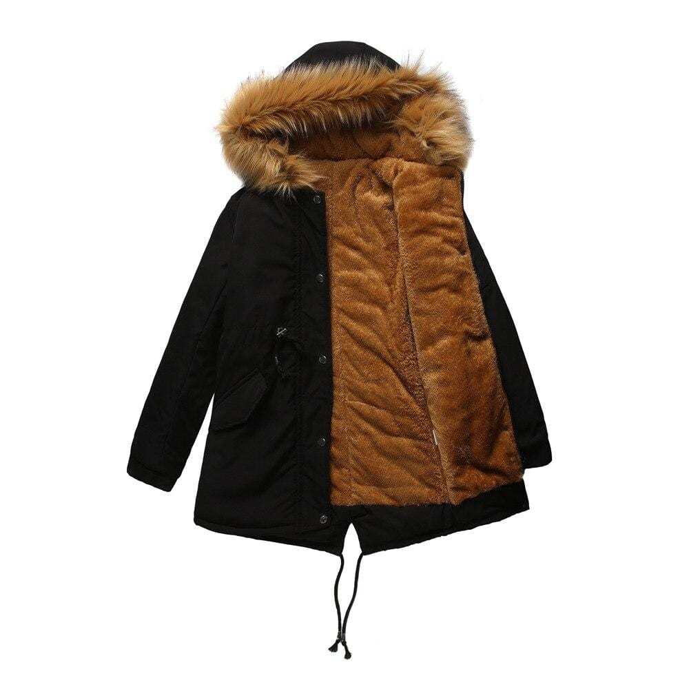 Cotton Mid Length Hooded Winter Warm Fleece Coat Black Brown