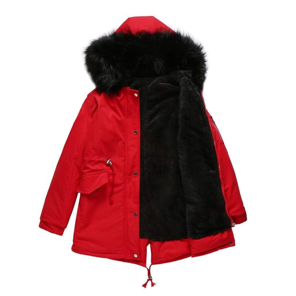 Cotton Mid Length Hooded Winter Warm Fleece Coat Red