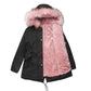 Cotton Mid Length Hooded Winter Warm Fleece Coat Black pink