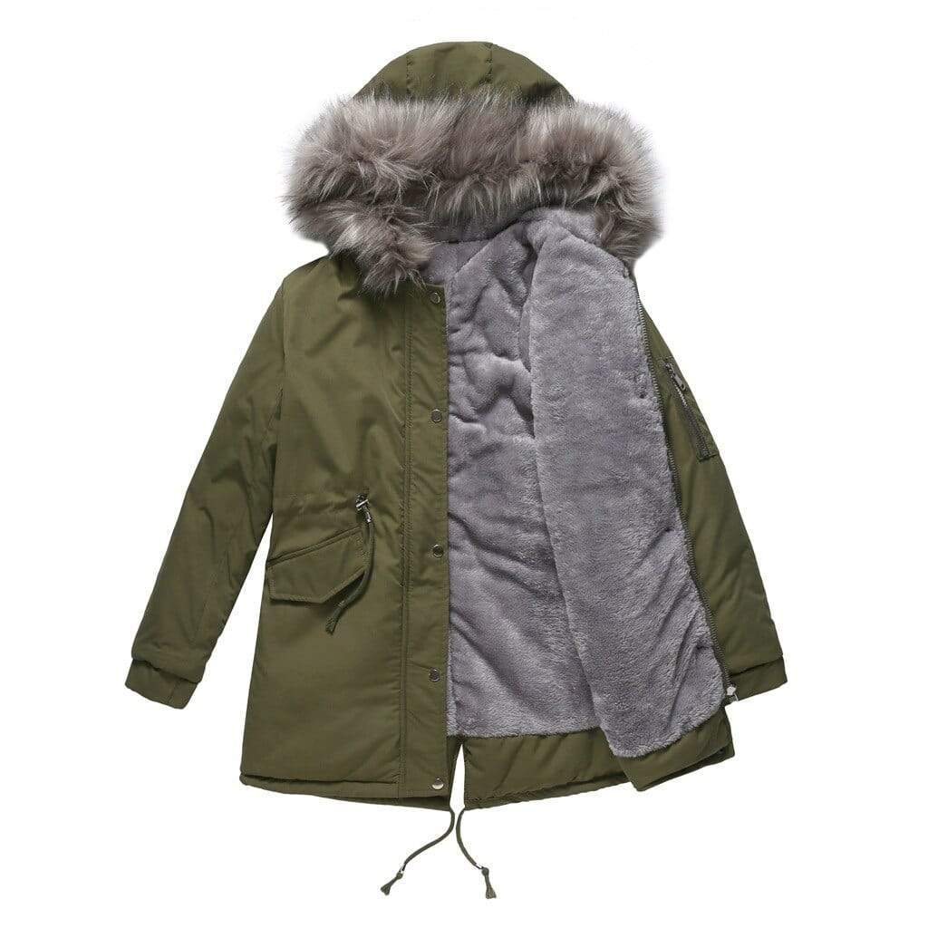 Cotton Mid Length Hooded Winter Warm Fleece Coat Army Green