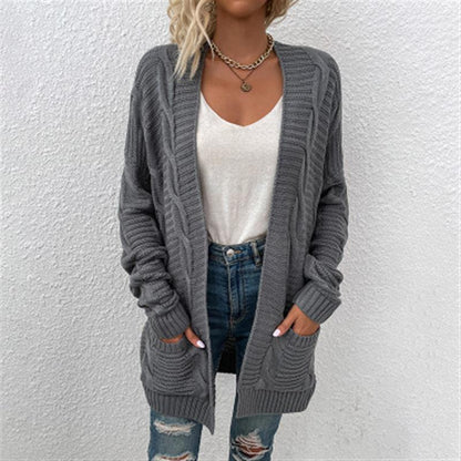 Cross Border Twisted Cardigan Mid Length Sweater Grey