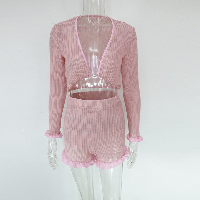 Cute Ruffled Mesh Trim Pink Two Piece Boho Knitted Outfit Pink