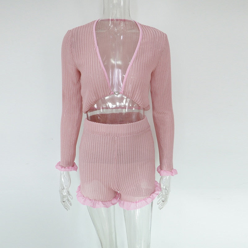 Cute Ruffled Mesh Trim Pink Two Piece Boho Knitted Outfit