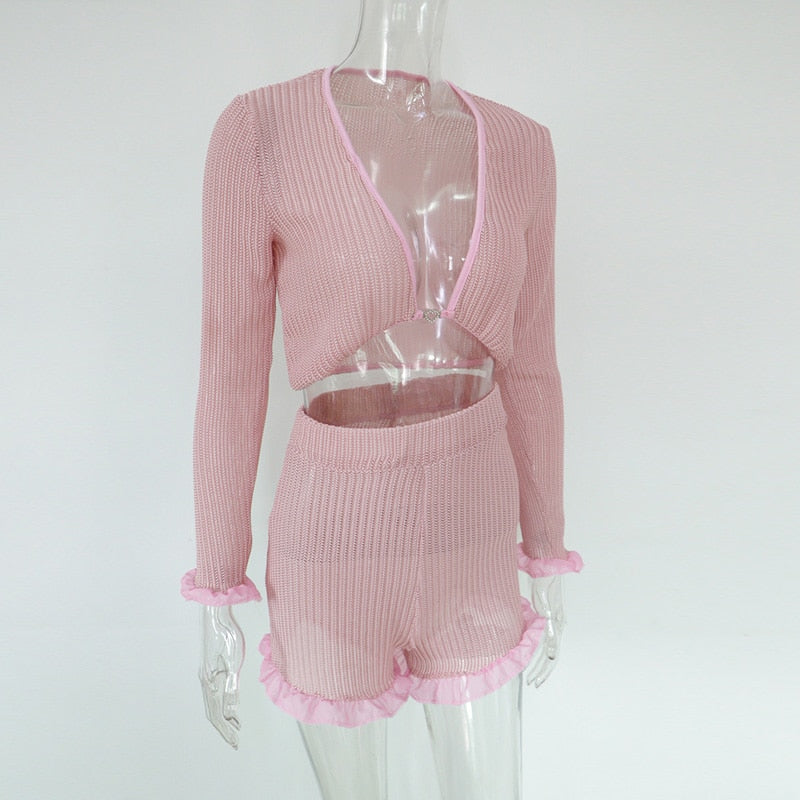 Cute Ruffled Mesh Trim Pink Two Piece Boho Knitted Outfit