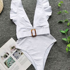 Deep V Neck Ruffled and Buckled One Piece Swimsuit White