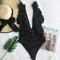 Deep V Neck Ruffled and Buckled One Piece Swimsuit Black