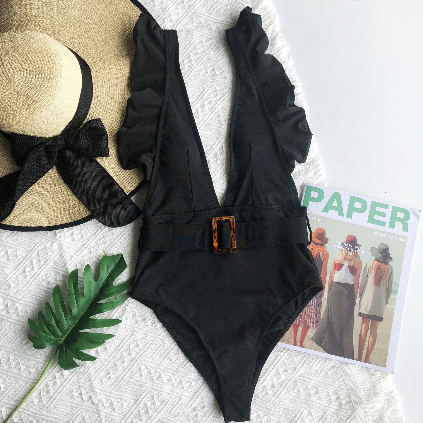 Deep V Neck Ruffled and Buckled One Piece Swimsuit