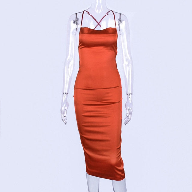 Dulzura Neon Satin Lace Up Sleeveless Bodycon Long Midi Dress Coral Red