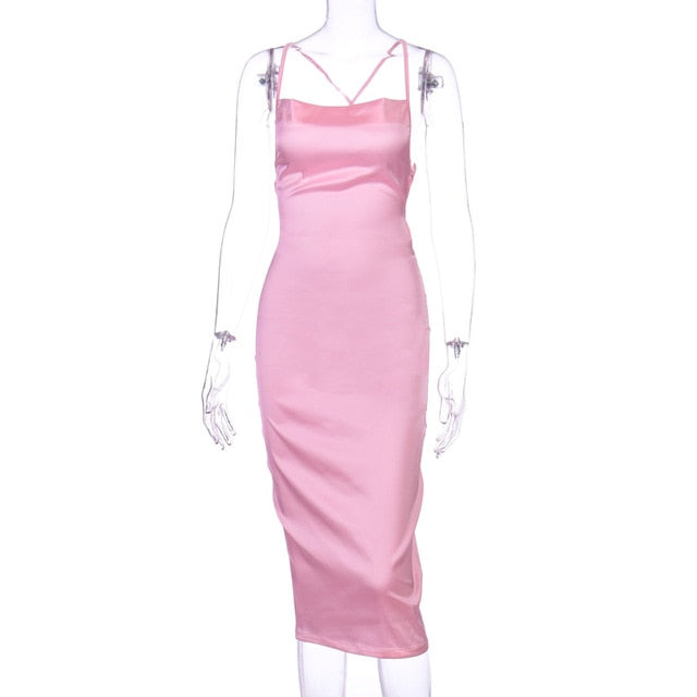 Dulzura Neon Satin Lace Up Sleeveless Bodycon Long Midi Dress Light pink